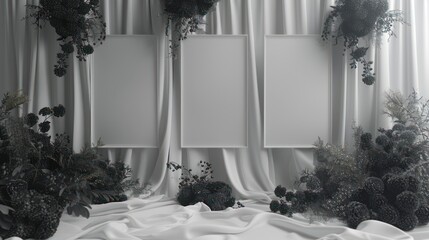 Wall Mural - Minimalist wedding interior with blank posters and beautiful black flowers on the walls