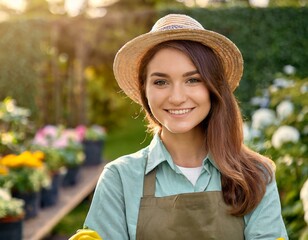 Wall Mural - attractive woman gardener stands against the backdrop of a garden and looks straight into the camera, close up