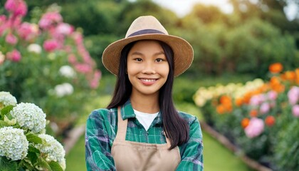 Wall Mural - attractive woman gardener stands against the backdrop of a garden and looks straight into the camera, close up