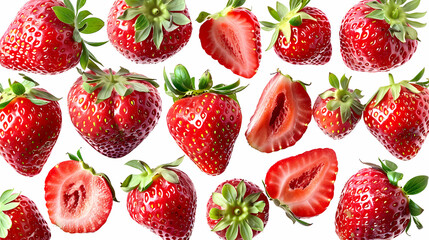 Wall Mural - Strawberry Strawberries, many angles and view side top front sliced halved group cut isolated on transparent background cutout, PNG file. Mockup template for artwork graphic design