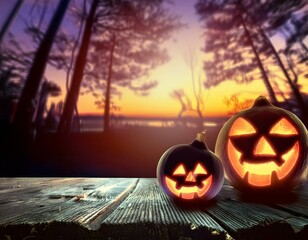 A spooky forest sunset with a haunted evil glowing eyes of Jack O' Lanterns on the left of a wooden bench on a scary halloween night_