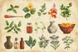© Екатерина Каболова - Assorted medicinal herbs and traditional containers on vintage paper background. Herbal medicine and botanical illustration. Ayurvedic hebs, Ayurveda, Generative AI