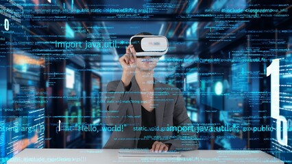 IT developer typing computer code for analyzing intelligent website development coder system data selection by VR innovation interface digital network technology visual hologram server. Contraption.