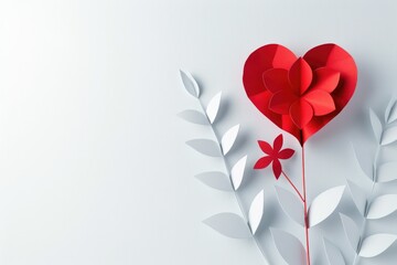 Wall Mural - Heart Concept. Valentines Day Greeting Card with Red Paper Flower on White Background. Minimalist