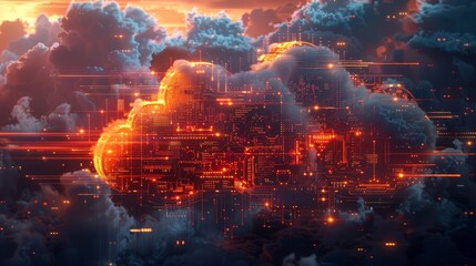 Wall Mural - circuit boards and servers shaped like clouds, with a color combination of orange and red