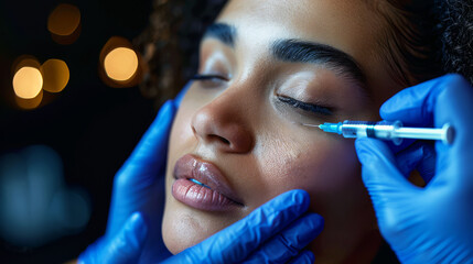 Hands of cosmetic injector administering botox injections on a crow feet area of patient