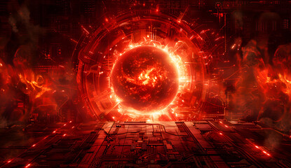 Wall Mural - A red, glowing, fiery planet with a large hole in the middle