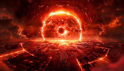 Wall Mural - a red, glowing, fiery planet with a large hole in the middle