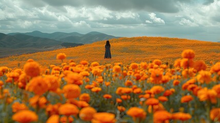 Poster - A field of bright orange marigolds in full bloom.