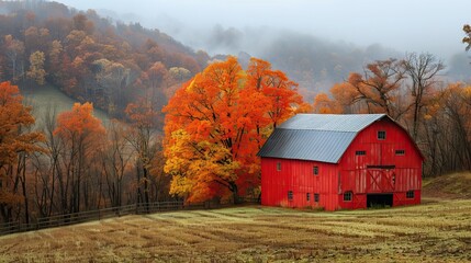 Wall Mural - A picturesque red barn against a backdrop of rolling hills.
