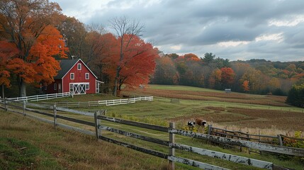 Wall Mural - A picturesque farmstead with a white picket fence.