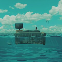 Wall Mural - A comfy living room couch floating in the middle of the ocean, with a family watching TV on it, surrealism
