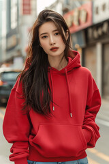 Young asian woman wearing red hoodie on street, hoodie mockup