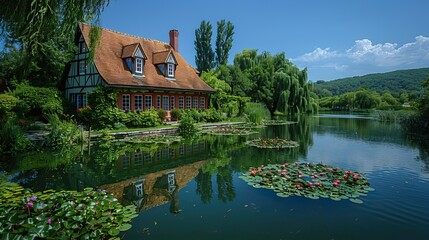 Wall Mural - A picturesque pond with water lilies and a farmhouse in the background.