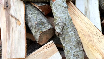 Wall Mural - Firewood. Chopped firewood. Chopping wood and cutting timber. Preparation of firewood in village for heating the house in winter. 