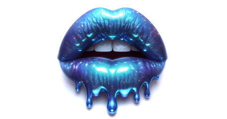 Metallic Gloss with Shiny Sensual Lips. sensual lips with glossy dripping blue lipstick. Metallic glitter effect. Isolated white background with copy space. 