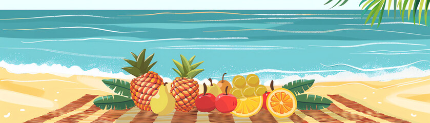 woven mat on the beach with fruit flat design front view beach party theme cartoon drawing Analogous Color Scheme