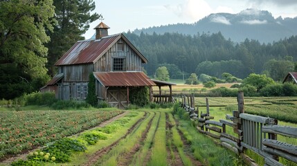 Wall Mural - A rustic barn surrounded by fields of crops and a wooden fence.