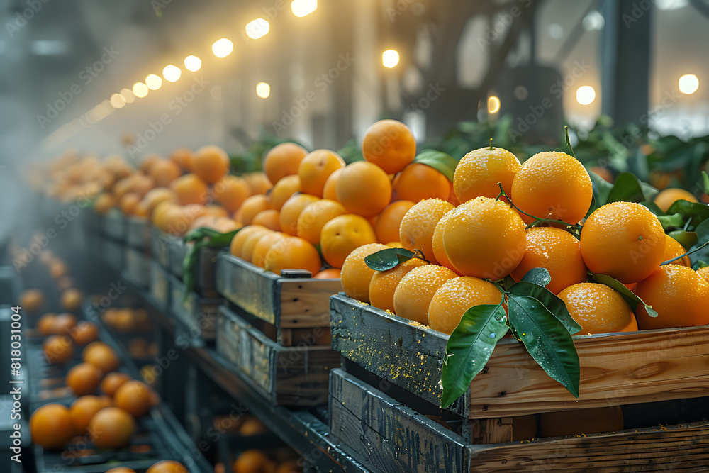The harvested orange crop is neatly packed in wooden boxes on the ...
