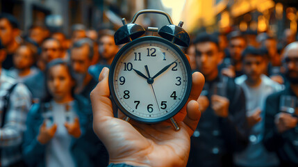 Wall Mural - A businessman is holding an alarm clock over a crowd of people. Time management. Hourly wages, strict work limits and time allotted for rest. Urgently, speeding up, deadline. Test, trial period