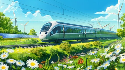 Wall Mural - Illustrate a cutting-edge electric train with regenerative braking technology, traveling through a lush green landscape, with solar panels and wind turbines visible in the background