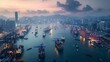 © songwut - Illustrate a panoramic view of a busy harbor at dusk, with VTMS towers standing sentinel against the skyline, ensuring safe navigation amidst a flurry of ship traffic