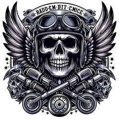 a skull wearing a helmet with wings and crossed motorcycles realistic harmony art realistic.