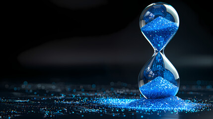 Wall Mural - Hourglass is sand of time age, Life pour blue sand into hourglass to add more limited time. Deadline extended time management hope concept hour glass. Black background shadow life clock passing by