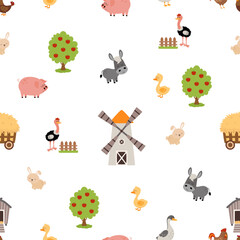 Wall Mural - farm animals and building seamless pattern