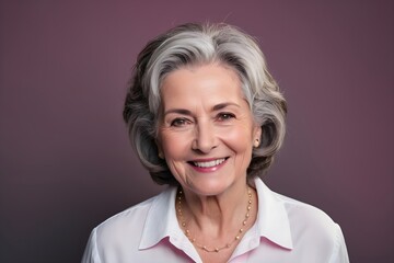 Portrait of a mature businesswoman with gray hair and white shirt aganist a dark background