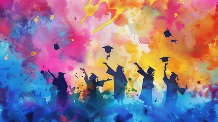 Wall Mural - Vibrant watercolor splash background with silhouettes of graduates tossing their caps in celebration of their graduation 