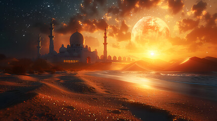 mosque sunset gold background