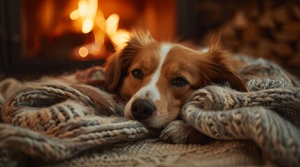 Dog cuddled up in a warm blanket by the fireplace, cozy and comforting, winter vibes