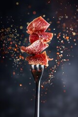 Wall Mural - Slices of bacon with spices on Fork with Flaming Sparks