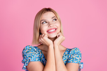 Wall Mural - Photo of pretty young girl look empty space imagine wear top isolated on pink color background