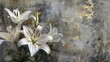 © Bijac - elegant white lilies blooming against weathered concrete wall with opulent gold accents contrast of purity and luxury floral still life digital painting