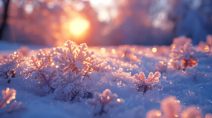 Wall Mural - Winter season outdoors landscape, frozen plants in nature on the ground covered with ice and snow, under the morning sun - Seasonal background for Christmas wishes and greeting