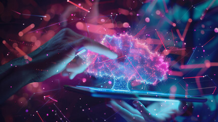 Data science, AI, Digital technology concept. Computer programmer using digital tablet with big data and cloud computing, business intelligence innovation technology background