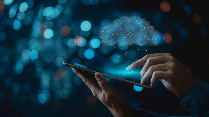 Data science, AI, Digital technology concept. Computer programmer using digital tablet with big data and cloud computing, business intelligence innovation technology background