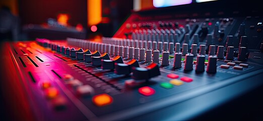 A spacious soundboard adorned with numerous knobs and buttons.