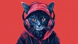 © Bijac - fashionable feline stylish cat wearing headphones and hoodie digital art illustration