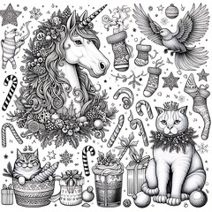 Poster - A unicorn coloring pages black and white drawing includes drawing of a unicorn and cat art card design used for printing realistic.