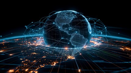 digital world globe centered on America, concept of global network and connectivity on Earth, high-speed data transfer and cyber technology, information exchange and international telecommunication