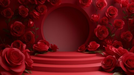 An empty podium on a background of maroon roses, a showcase for displaying goods. 3D rendering.