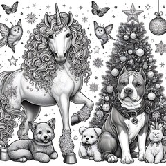 Wall Mural - Many animals next to a christmas tree image meaning harmony lively.