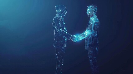 futuristic blue handshake between businessman and digital avatar transformative technology partnership concept illustration