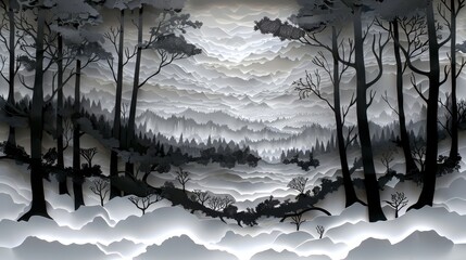 Canvas Print - a black and white drawing of a forest with snow on the ground