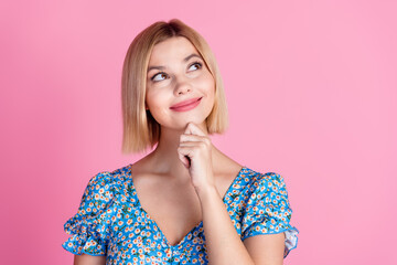 Sticker - Photo of pretty young girl smile look empty space wear top isolated on pink color background