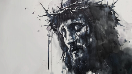 Wall Mural - Jesus christ with thorn crown, black and white, watercolor
