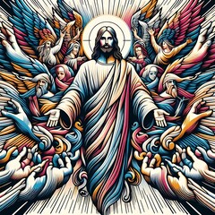 Sticker - A colorful artwork of a jesus christ with his arms spread out has illustrative art image attractive.